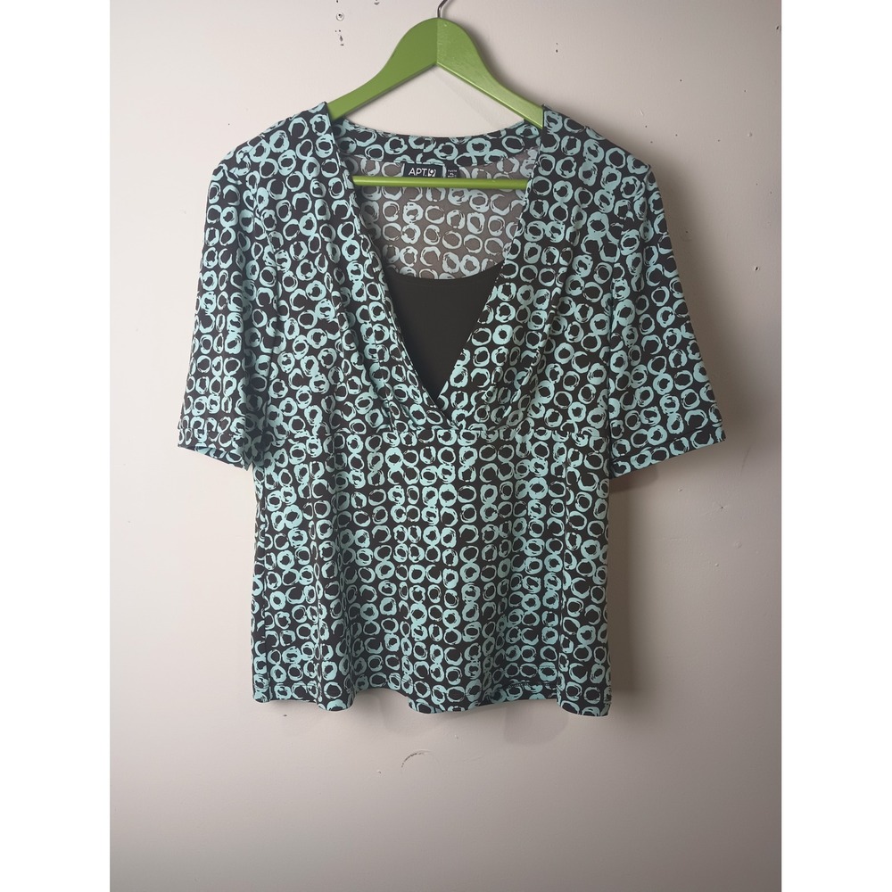 Apt. 9 Womens Petite PL Teal Brown Geometric Circle Print Layered V-Neck Blouse